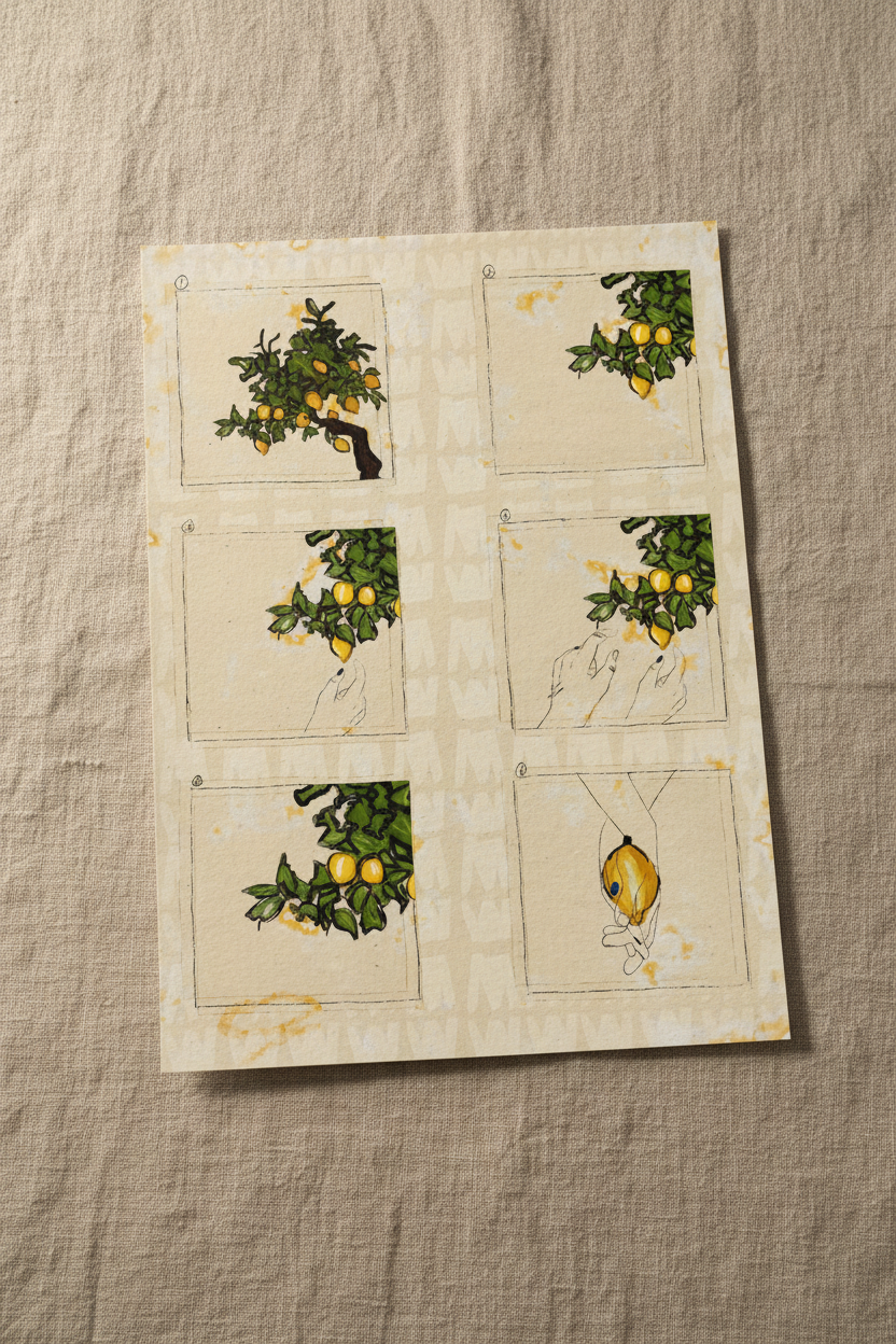 Lemon Stories art print shown on linen