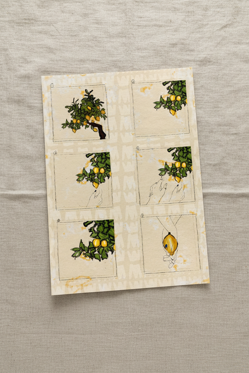 Lemon Stories art print shown on linen