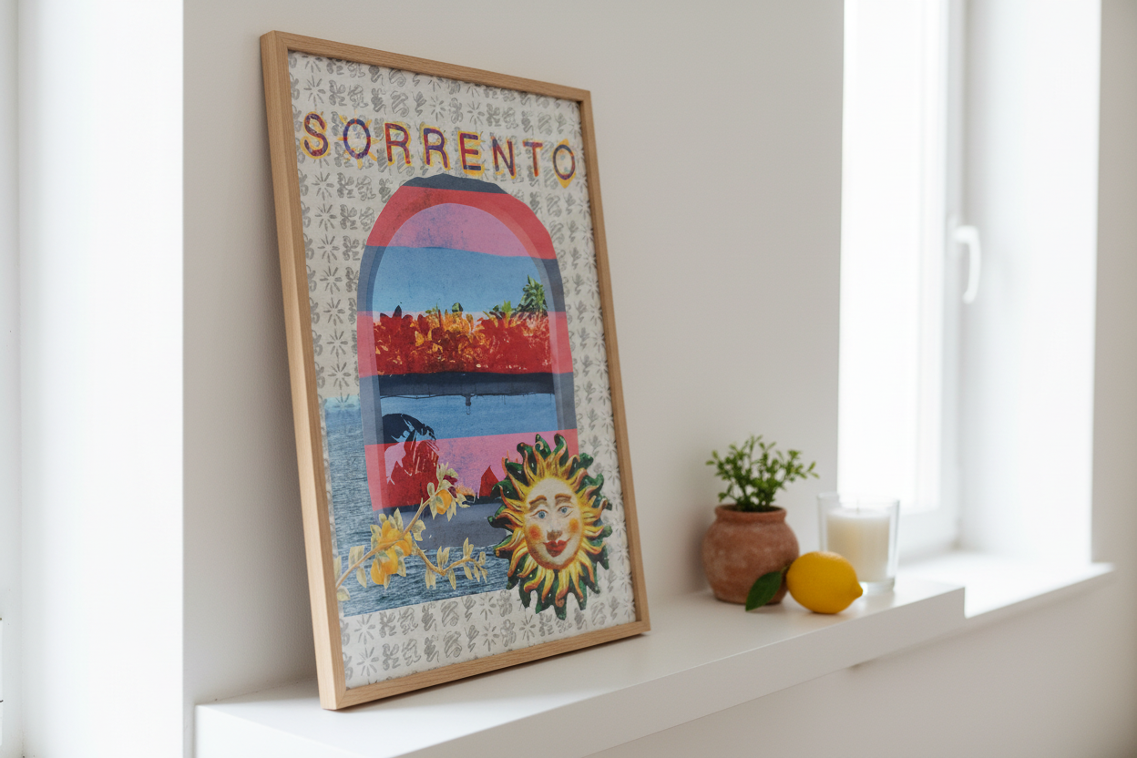 Sorrento art print styled on a shelf